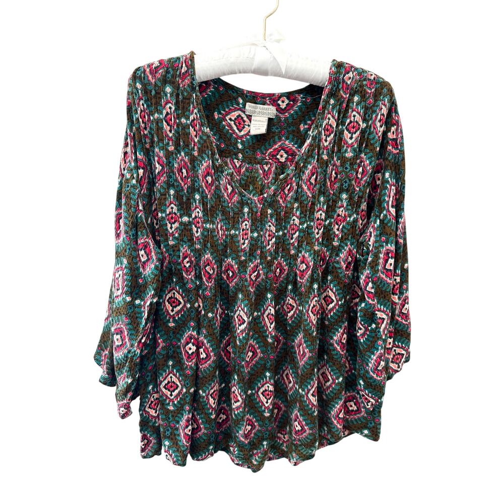 WORLD MARKET Boho Tribal Ikat Print Rayon Peasant Top Tunic Festival | L/XL